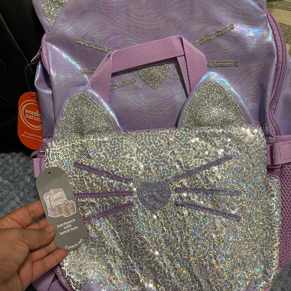 Wonder Nation Silver and Purple Cat Backpack Set